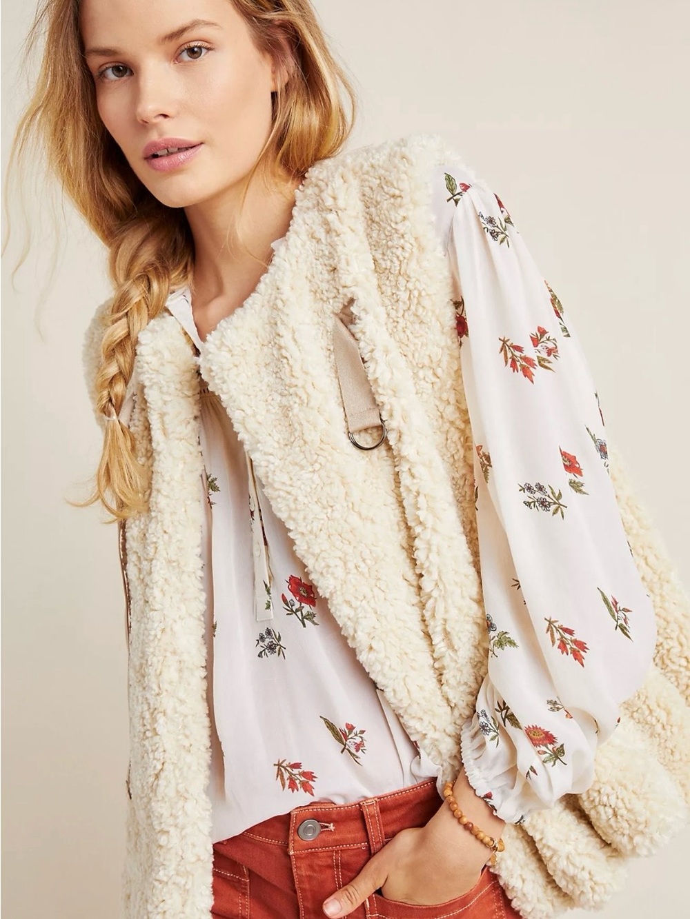 Anthropologie Akemi + Kin Alonna Teddy Plush Vest Cozy Sherpa Fur Vest Cream